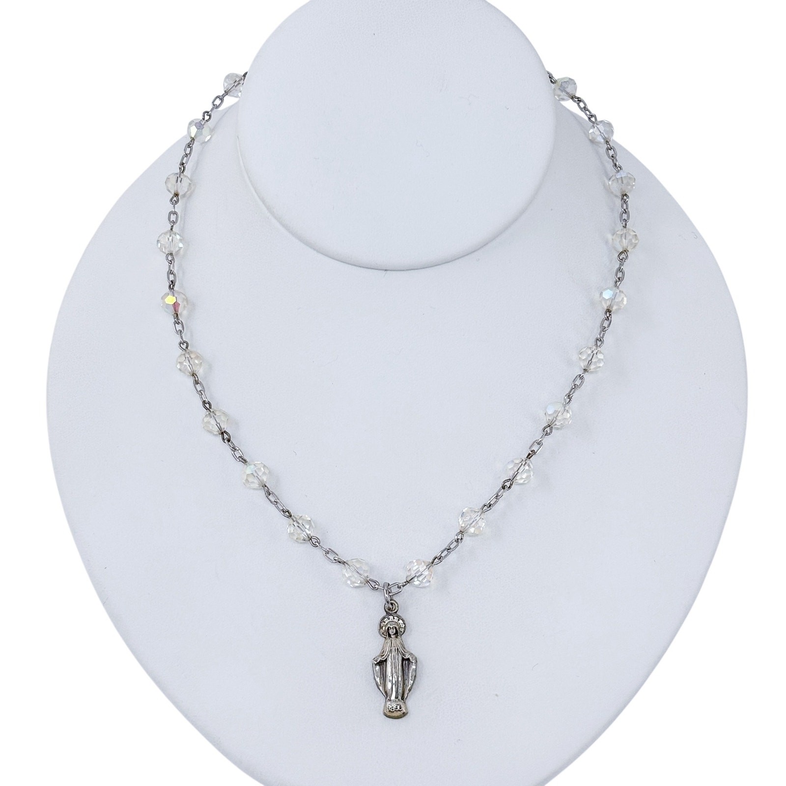 Vintage Sterling Silver 925 Crystal Rosary Necklace 17″