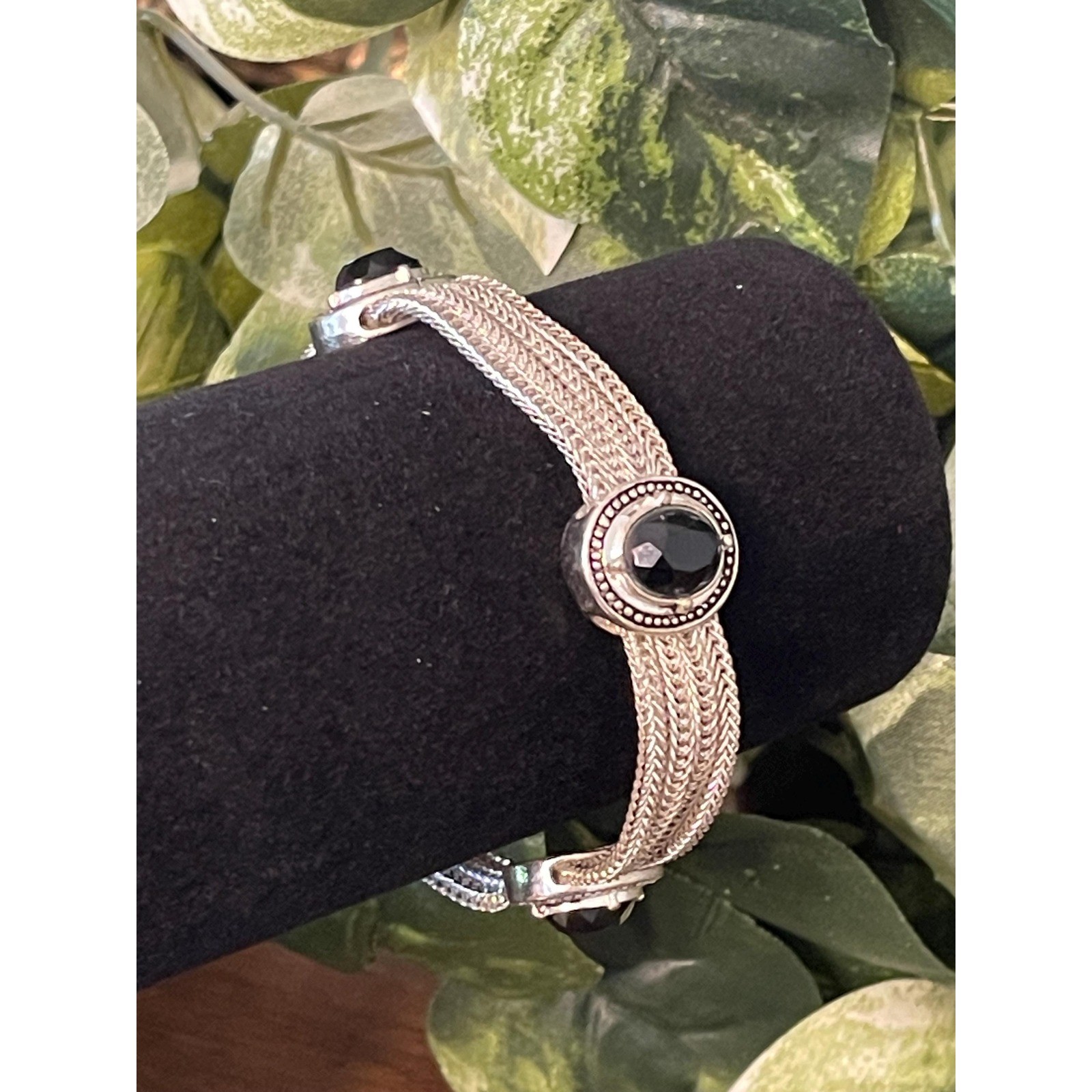 Vintage Silver Tone Bracelet with Black Stones