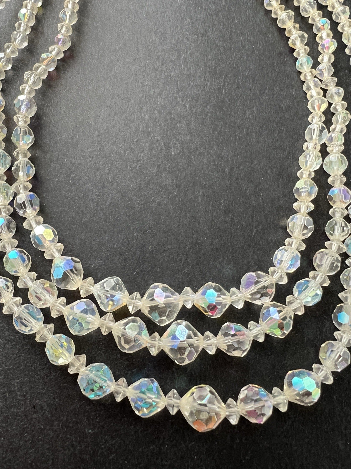 Vintage 3 Strand AB Aurora Borealis Crystal Glass Faceted Bead Necklace Crafts