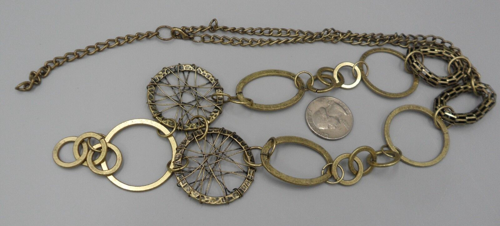 Long Bib Necklace Antique Brass Circle Oval Links Dreamcatcher Wire Wrapped