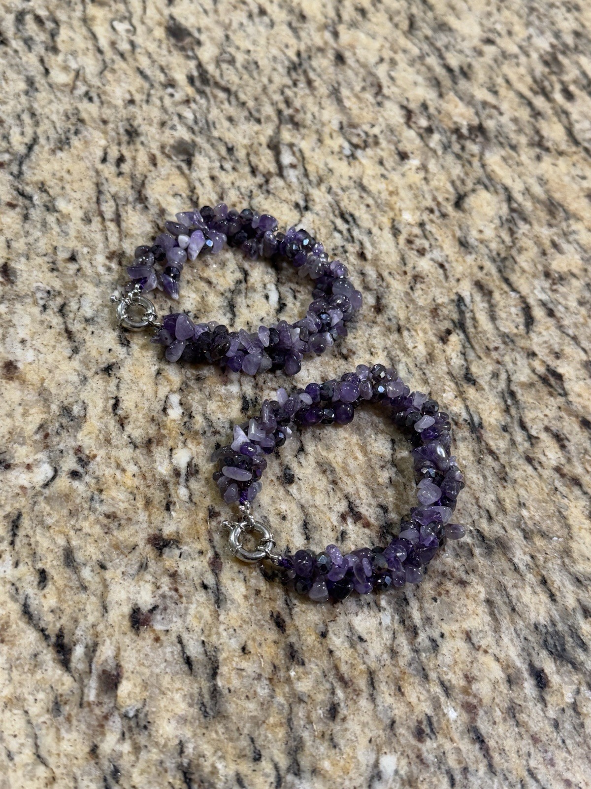 Lot of 2 Vintage Amethyst Chip Bead Bracelets Multi Strand Twisted Torsade Clasp