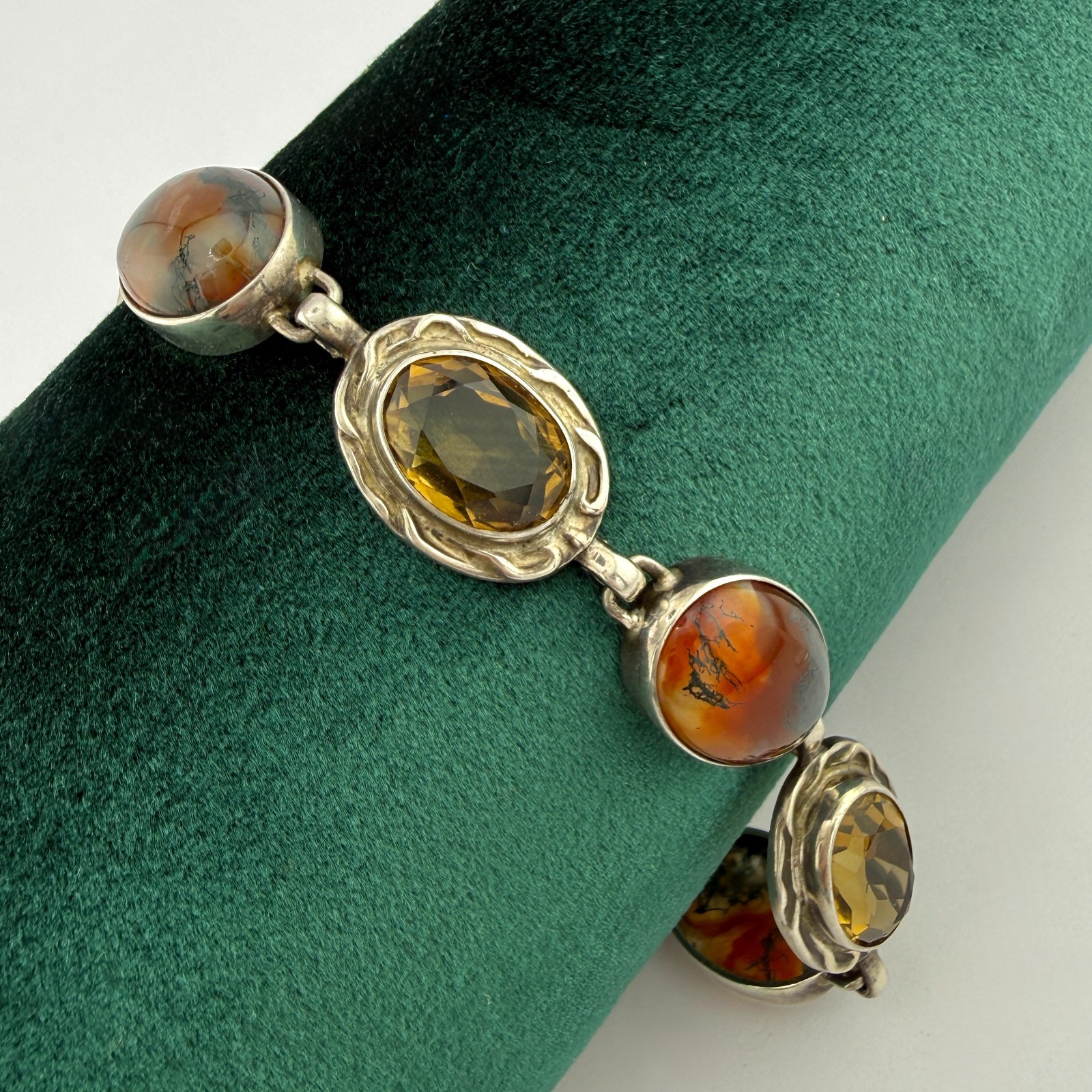 Stunning Vintage Scottish Sterling Silver Moss Agate &Faceted Cairngorm Bracelet
