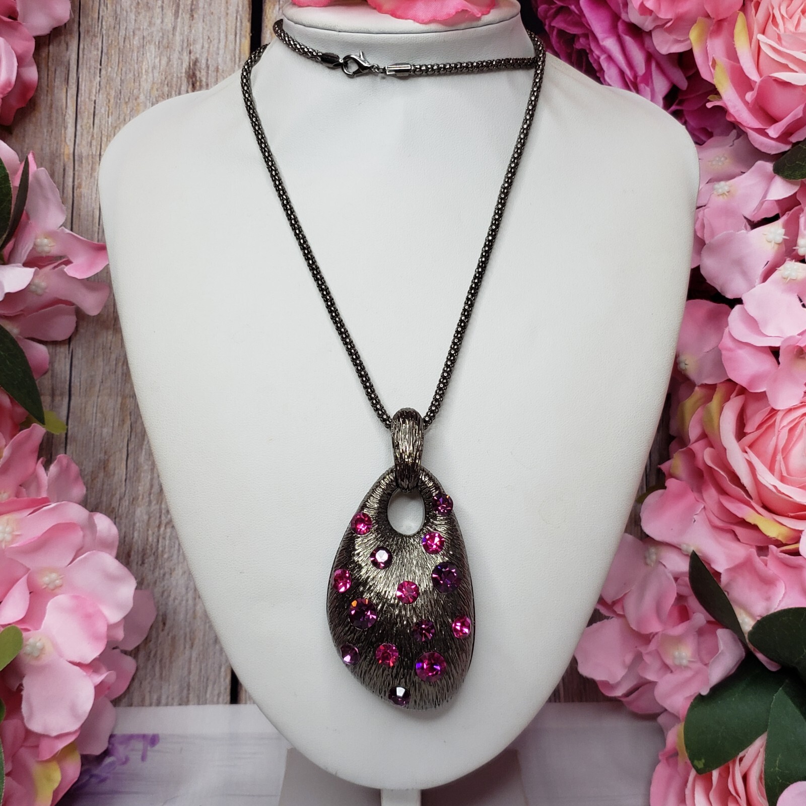 Pink Purple Rhinestone Large Pendant Necklace Gunmetal Tone Chain Statement