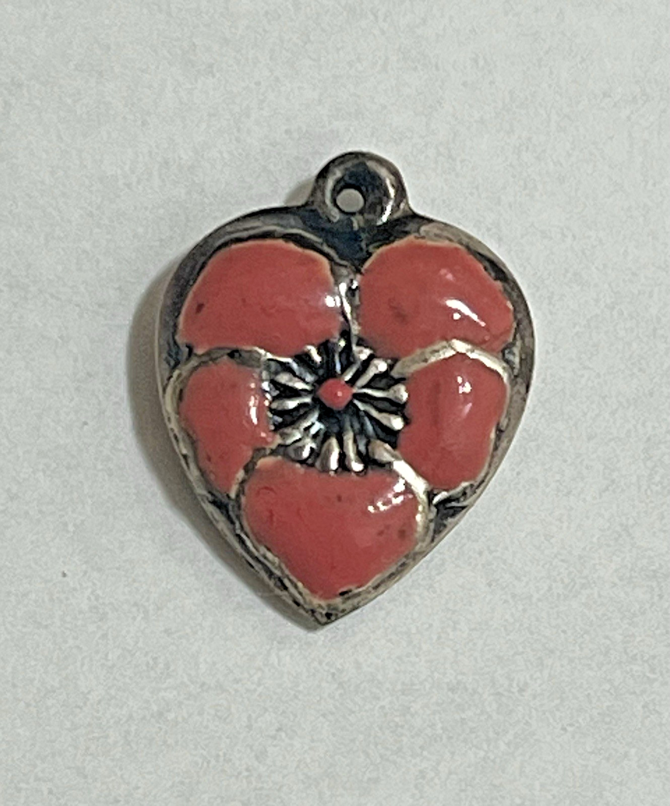 Sterling Silver Heart Flower Charm Puffy Enamel Pansy 925 Vintage Stamped Pink