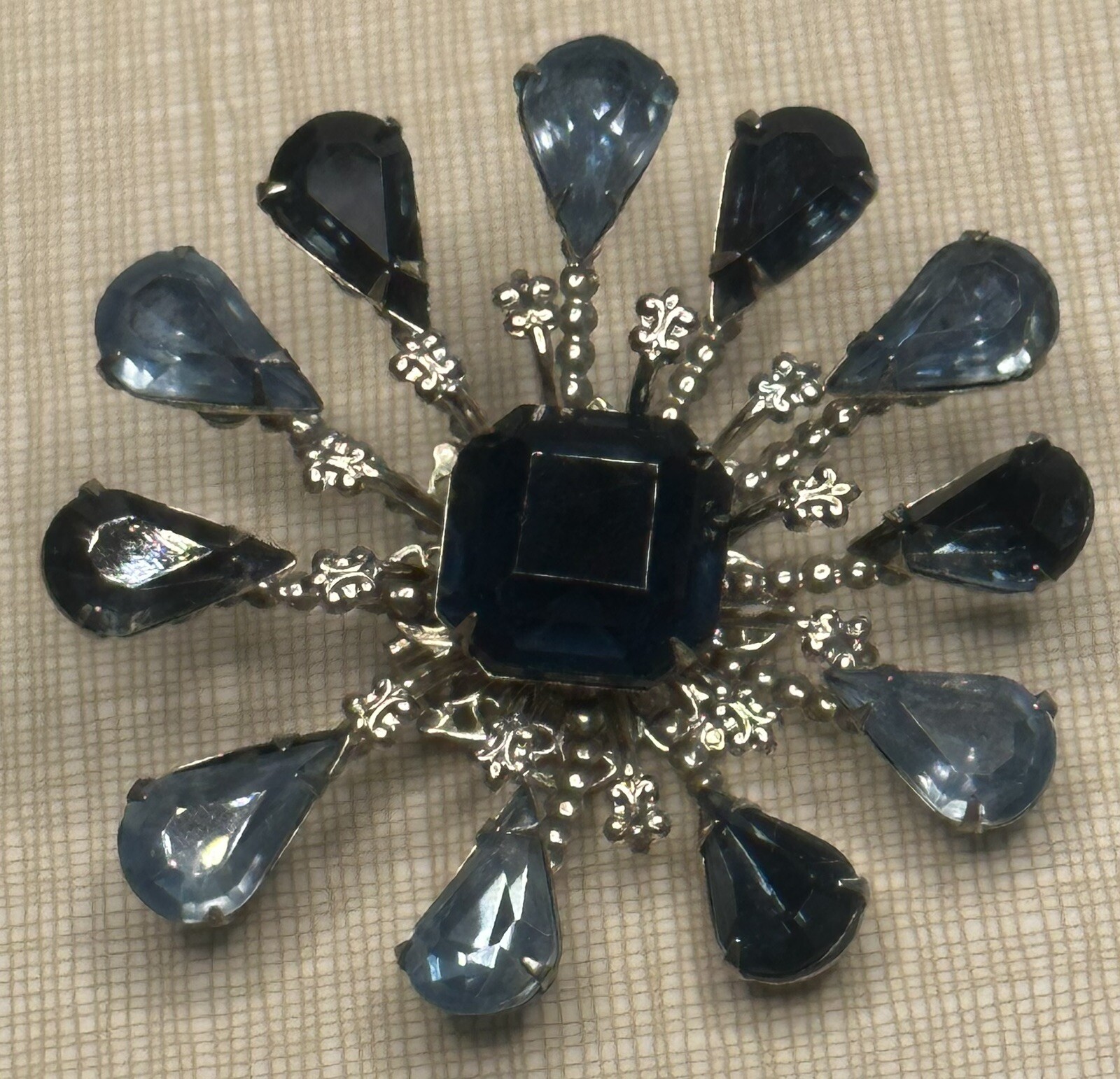 Vintage Navy Rhinestone Starburst Brooch Approximately 2” Stunning