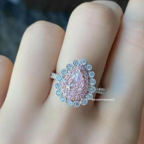3.14 CT Pear Cut Pink Sapphire & White Shiny CZ Double Halo Engagement FN Ring