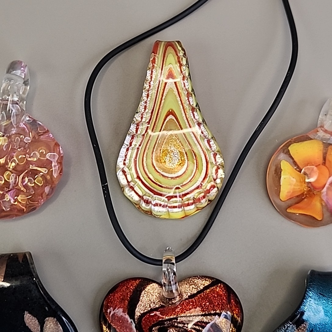 Vintage Glass Pendant Lot of 8 Red Artisan Foiled Fused One Cord