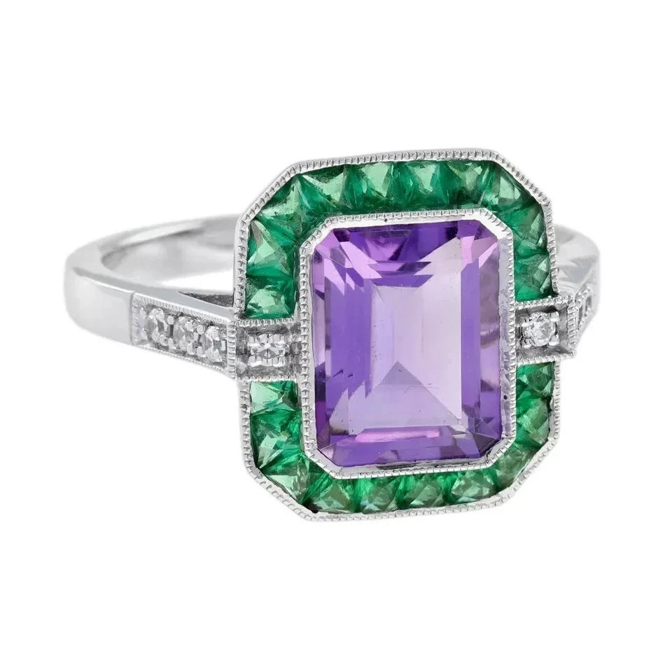 4Ct Art Deco Style Emerald & Amethyst Lab Created Diamond 14K White Gold FN Ring