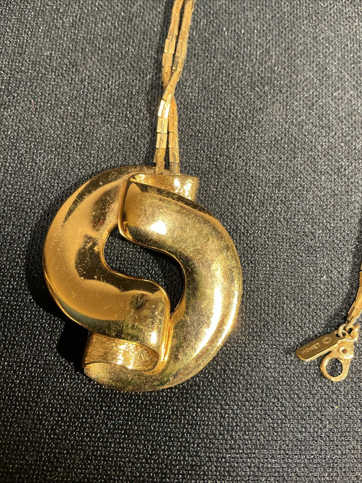 Vintage Gold Tone MONET Modernist Rope Knotted Pendant Necklace Designer