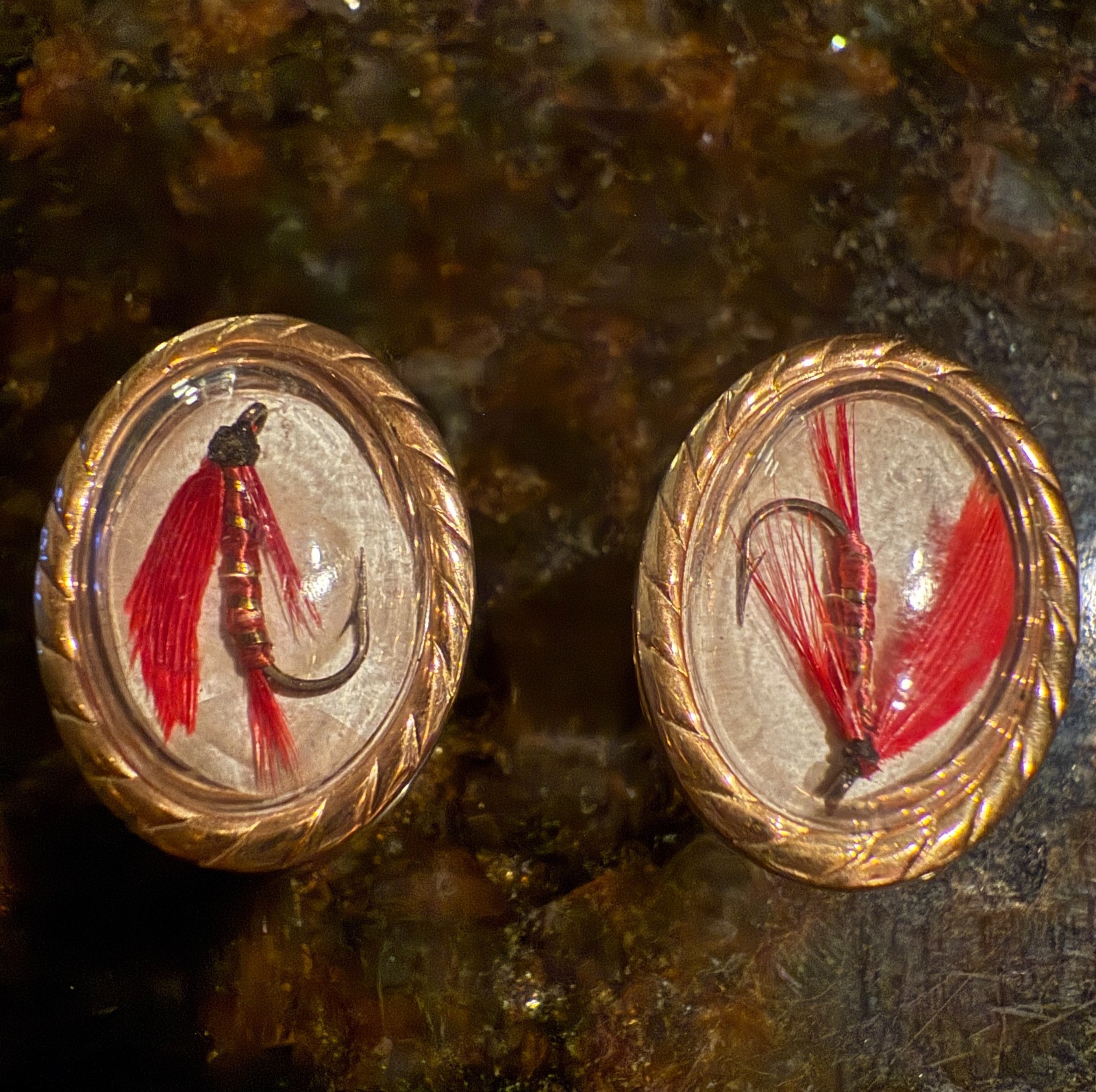 1930s-1950s-Krementz Gold Plated Lucite Fly Fishing Lure Cufflinks-Bubble Dome