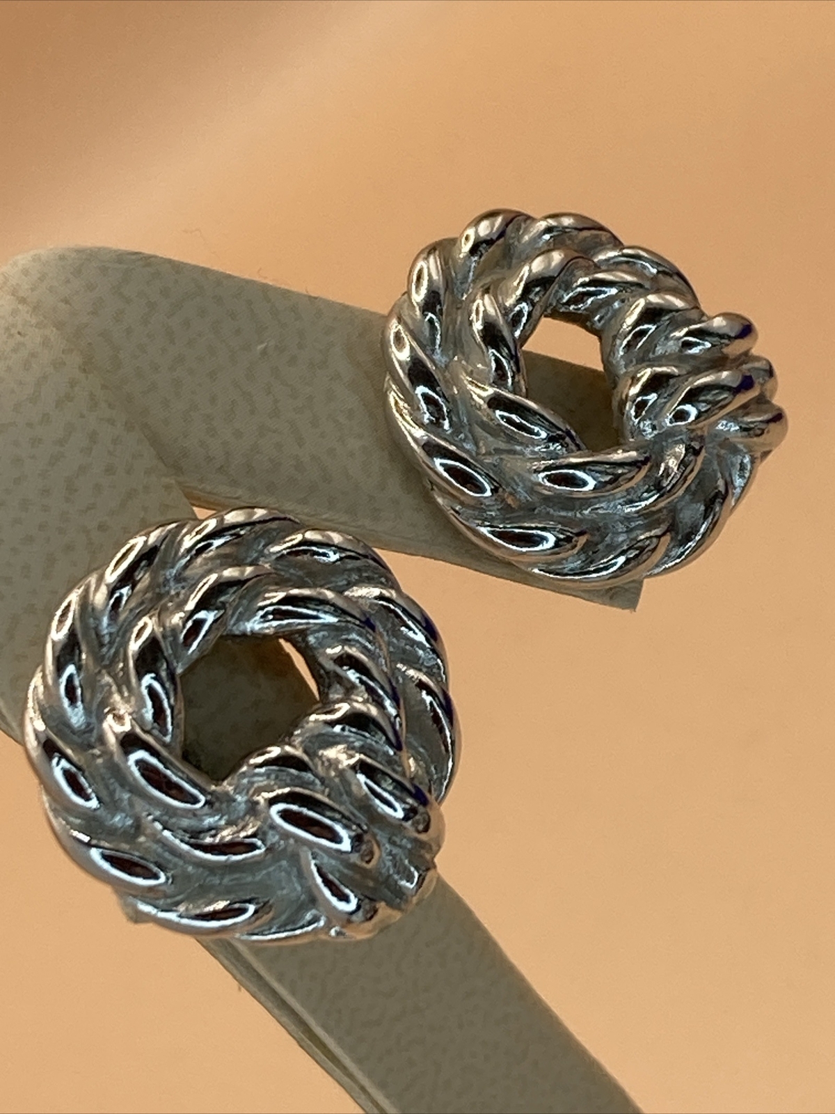 Vintage monet clipon Silver Tone Twisted Rope Open Circle Wreath tension setting
