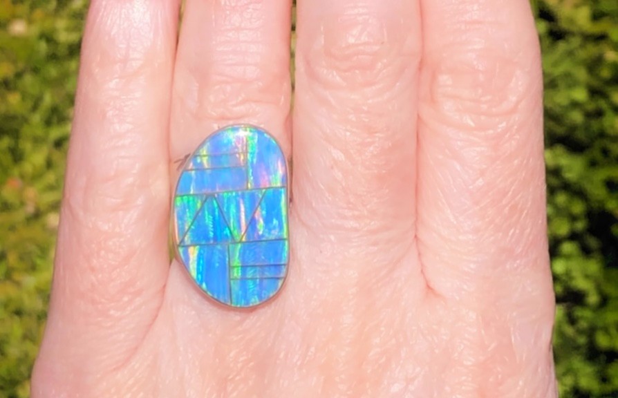 FaBuLoUs Ice blue lavender fire Opal Ring 8 Sterling Large Vintage Native Art