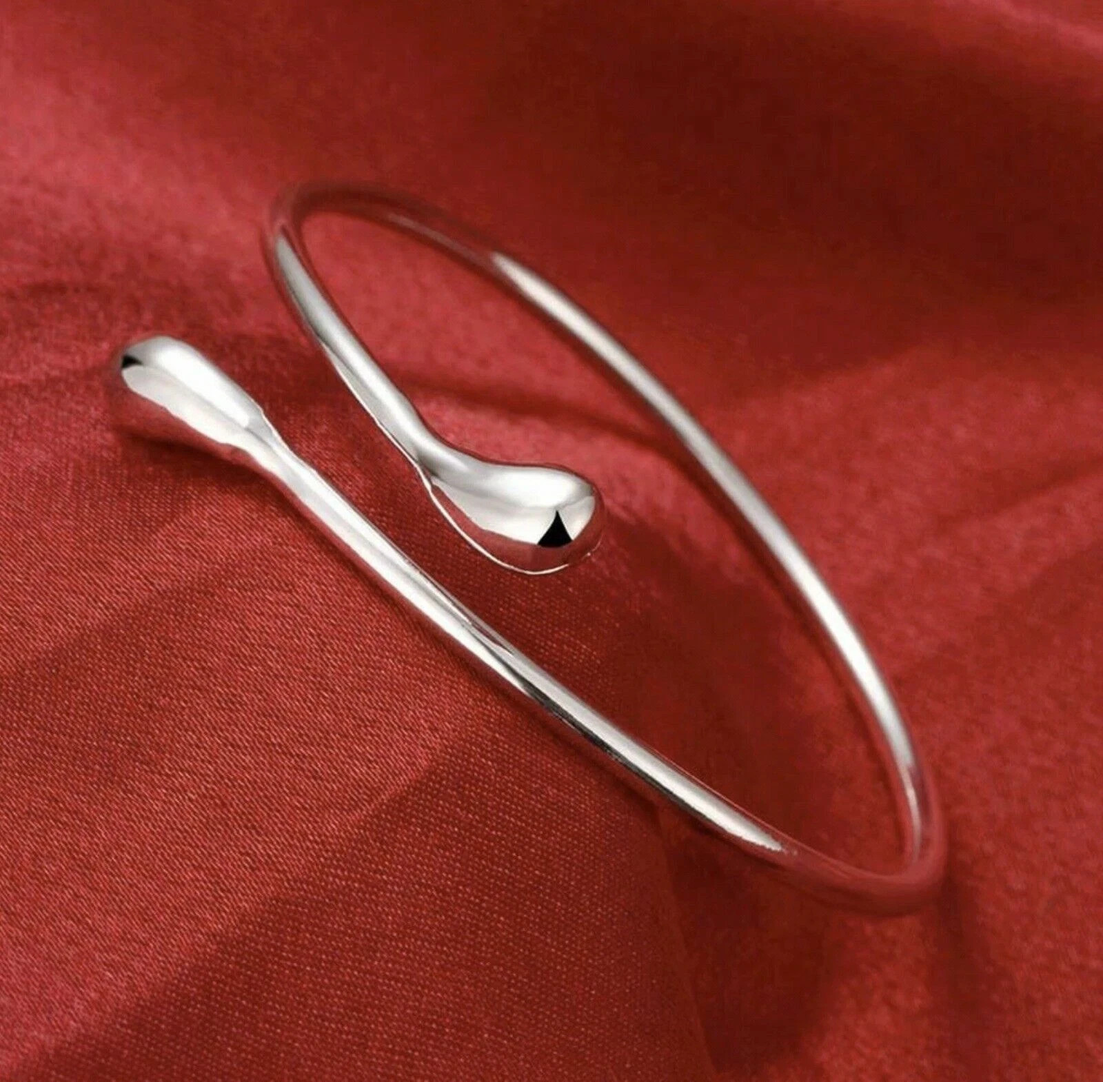 Women’s 925 Sterling Silver Smooth Tear Water Drop Cuff Open Bangle Bracelet