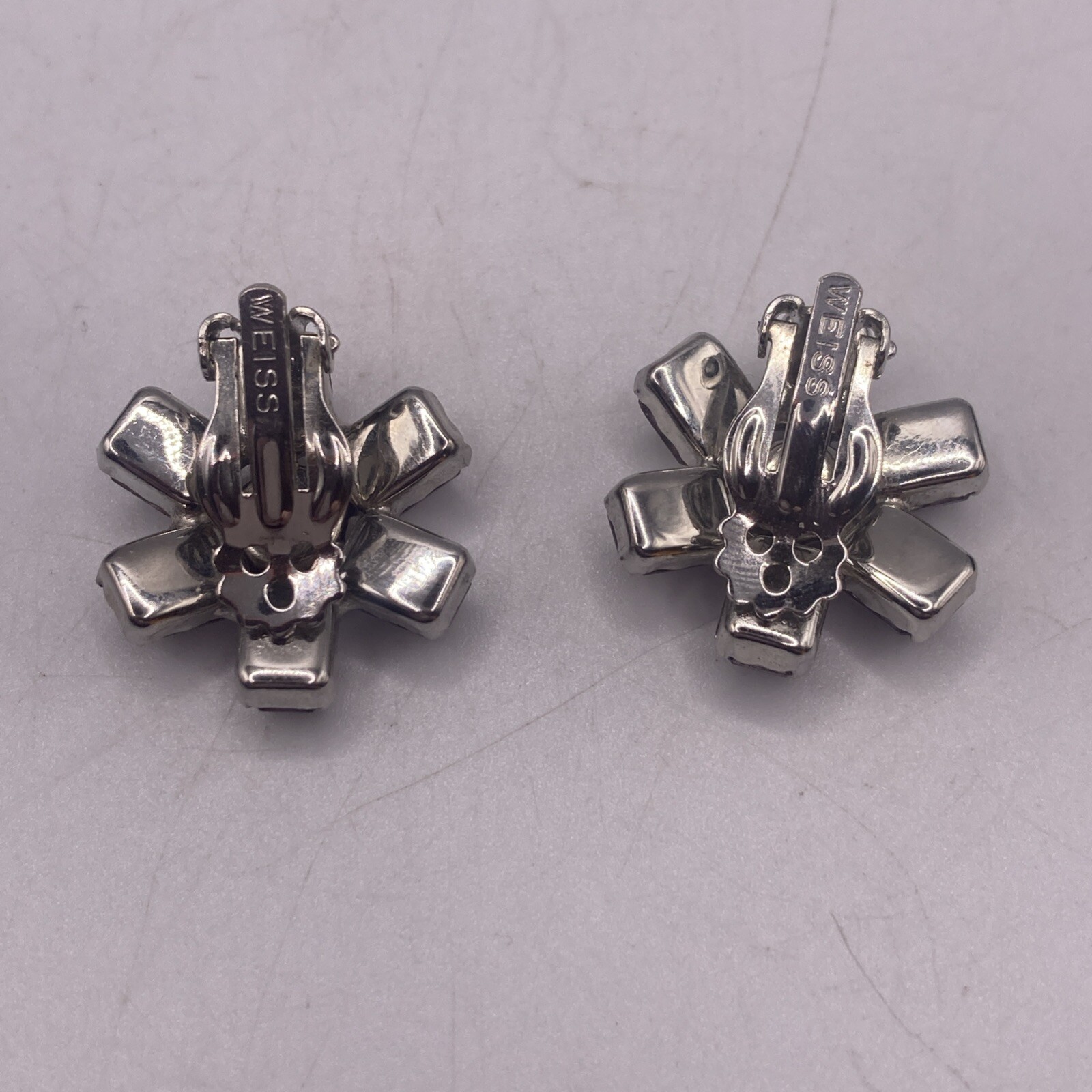 Vintage WEISS Emerald Cut Rare Pink Rhinestone Clip On Earrings 7 Stones, Signed