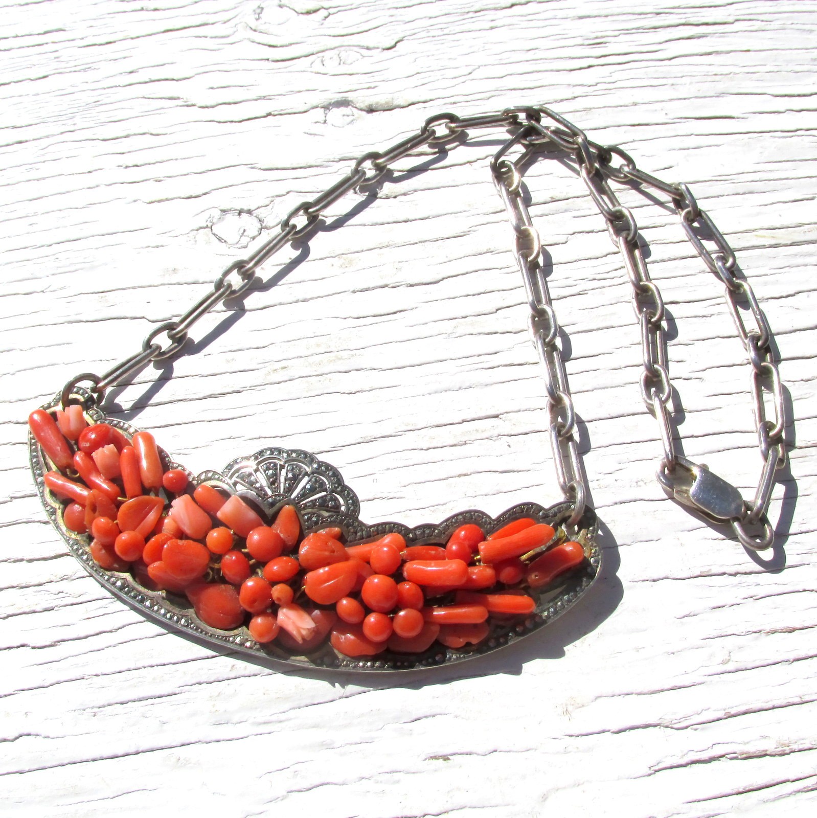 Antique Natural Coral, Marcasite and Sterling Silver Necklace Victorian 1890s