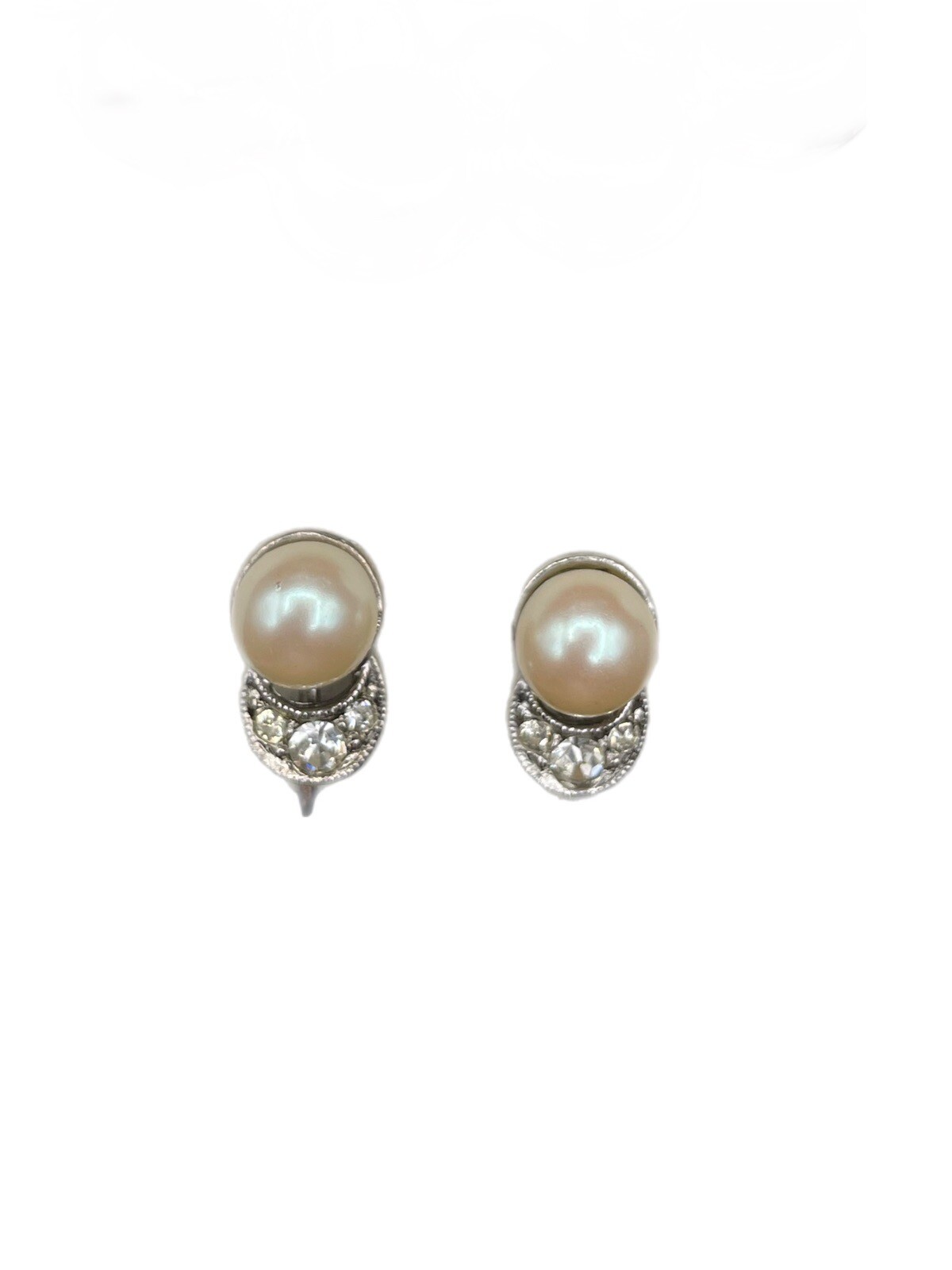 Vintage Pearl & Rhinestone Adjustable Clip-On Earrings & Gray Rhinestone Brooch