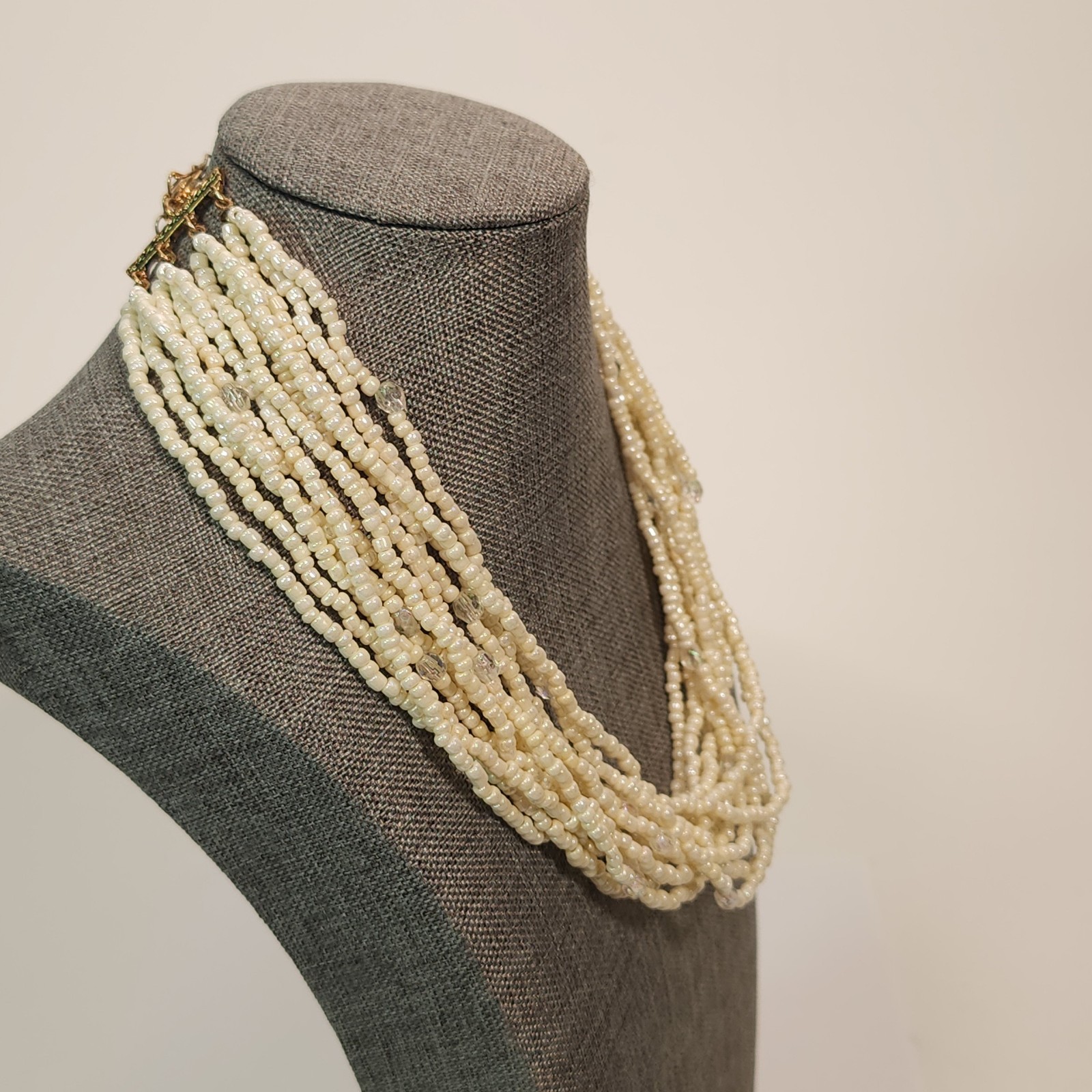 Vintage Multistrand Cream Color Seed and Faceted Bead Necklace Adjustable 15/17″