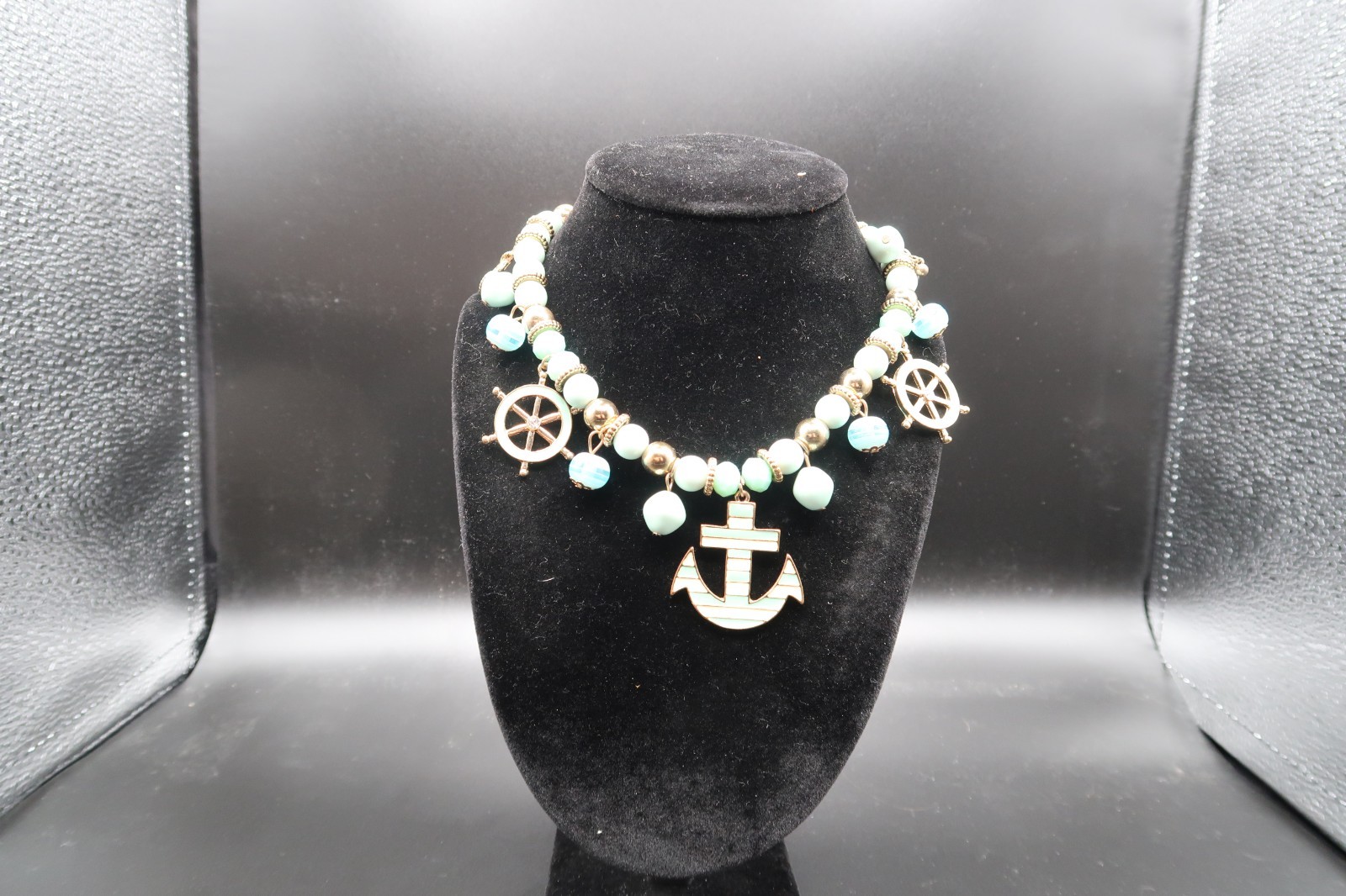 Vtg Nautical Beaded Charm Station Necklace Anchor Ship Wheel Teal & White Enamel