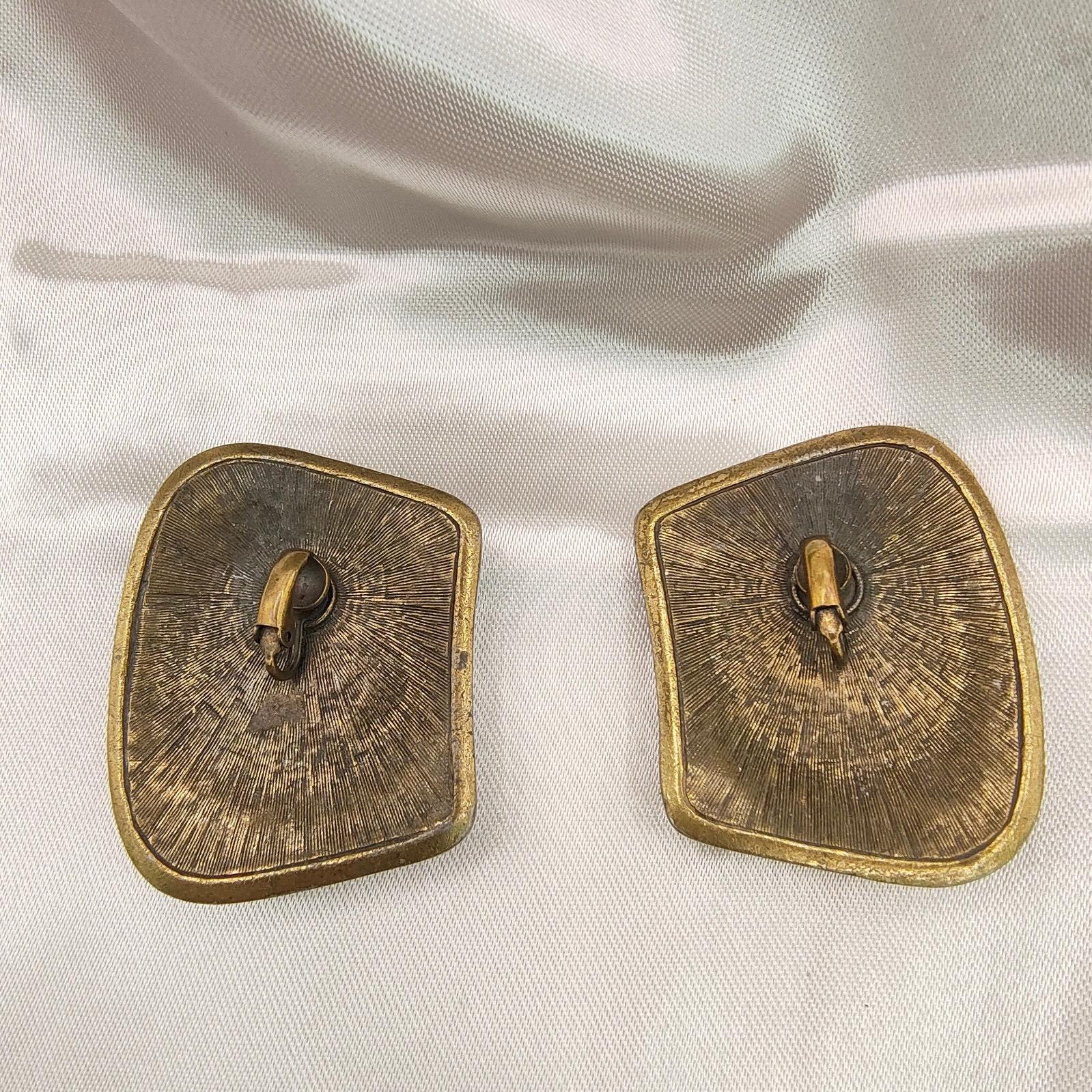 VTG Brutalist Earrings Clip On Brass Plated Unpolished Stone Ornamented Border