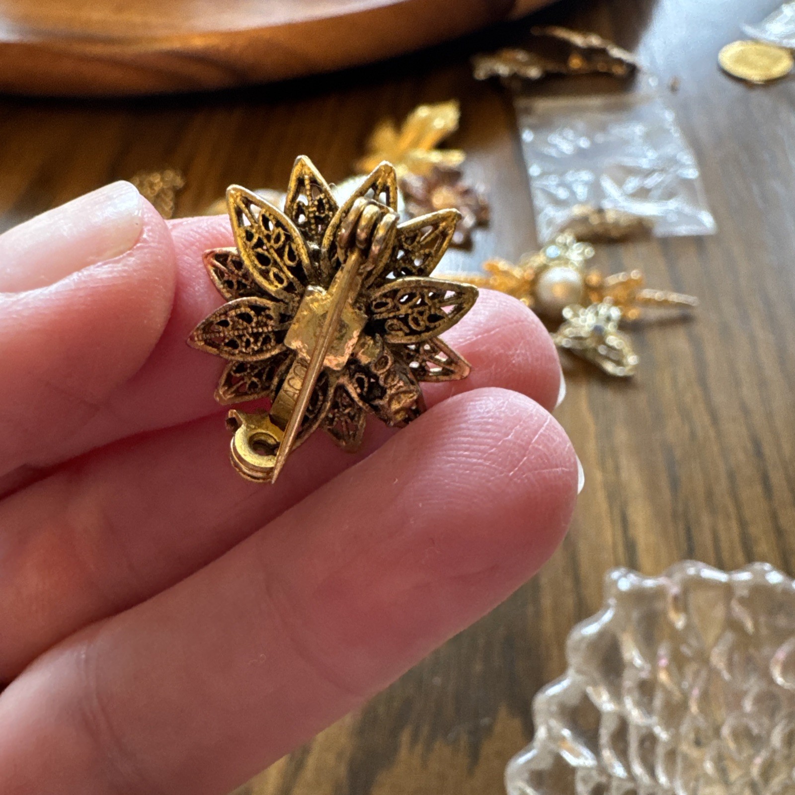 Vintage Tacoa Gold Toned Flower Pearl Brooch Signed Dainty Lapel Pin Old Money
