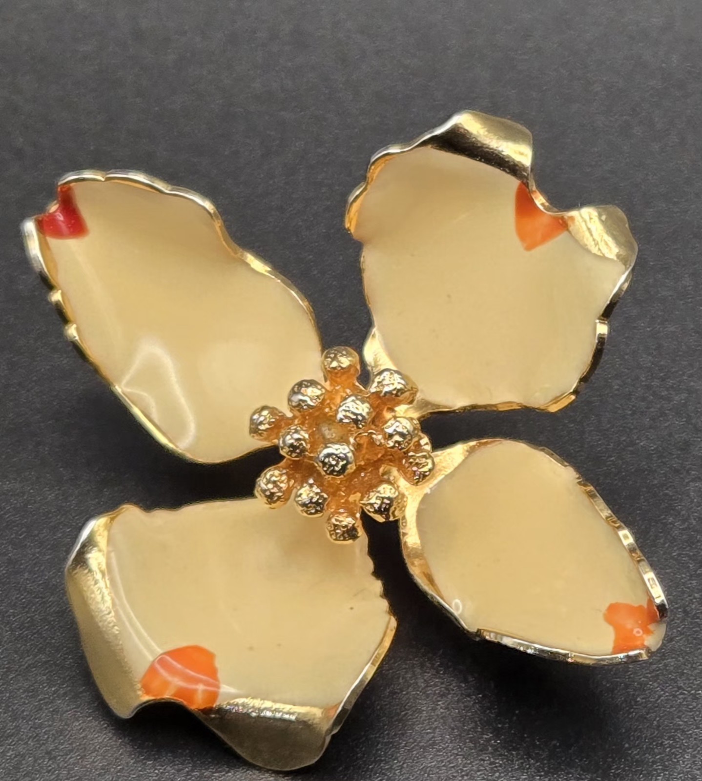 Vintage Signed CERRITO Enamel Flower Brooch Pin Cream Gold Orange 2″