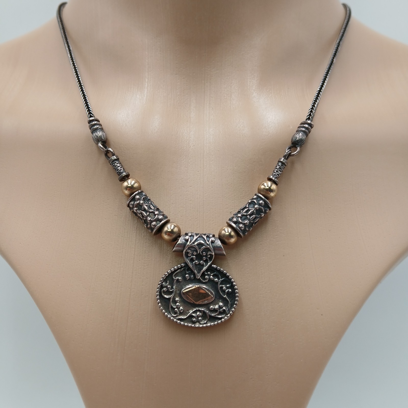 14K 925 Zanfeld Necklace 16in Sterling Silver Gold 24g tw Taxco Mexico Estate