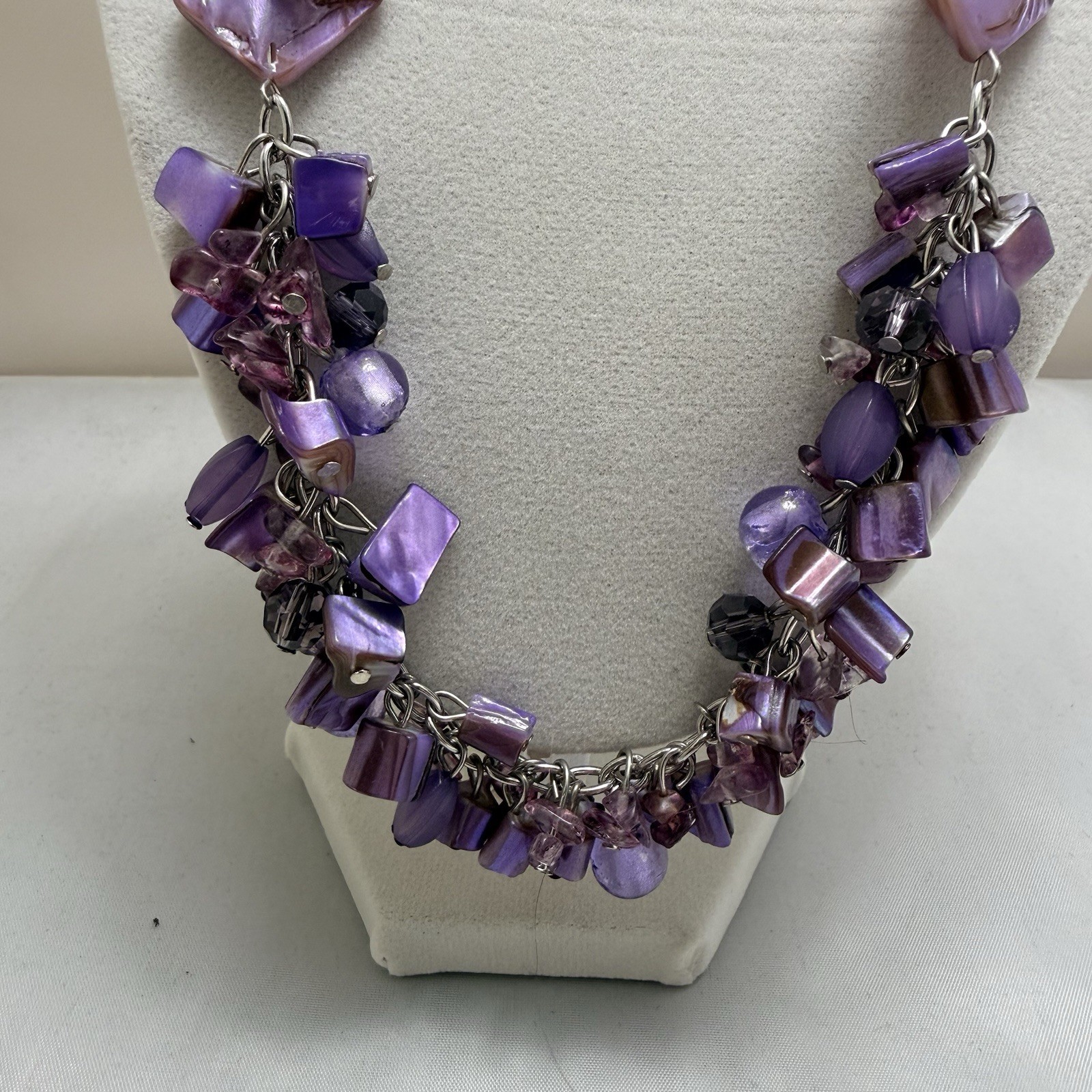 Vintage Purple Statement Necklace Chunky Bib Fringe Shell Glass Beaded Boho NEW