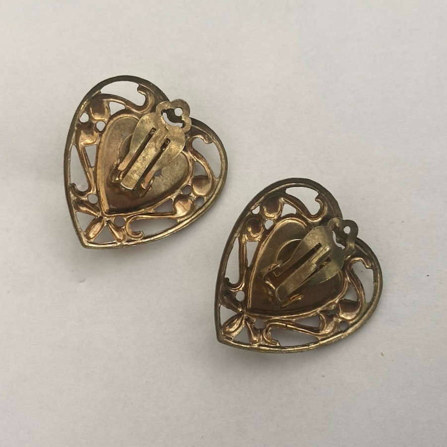 Victorian CottageCore Heart Earrings Pink Mirrored Faux Gem Gold Metalwork