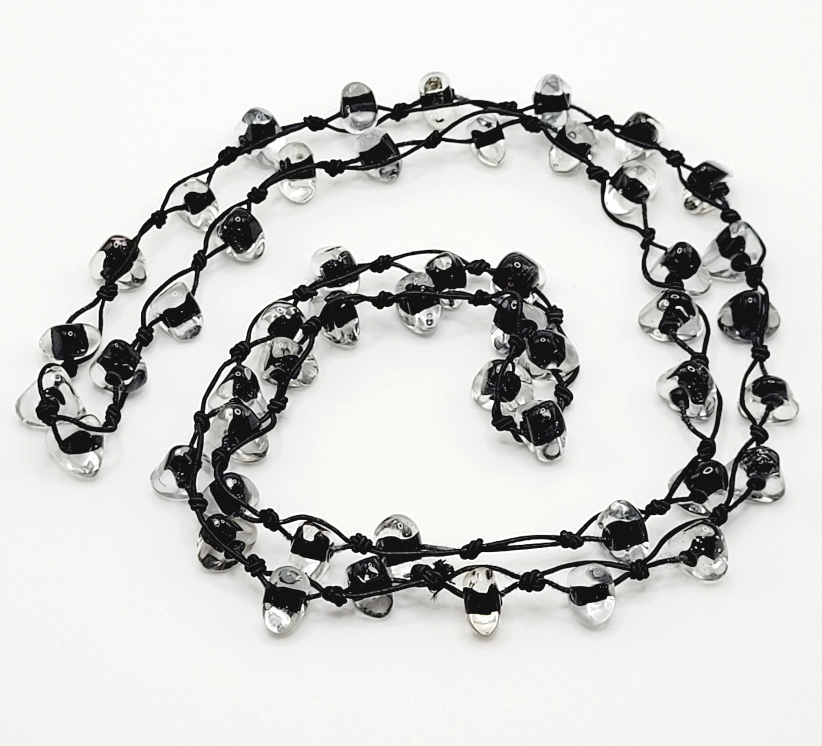 Art Glass Clear Ice Pebble Bead Hand Knot Black Thread Single Strand Necklace