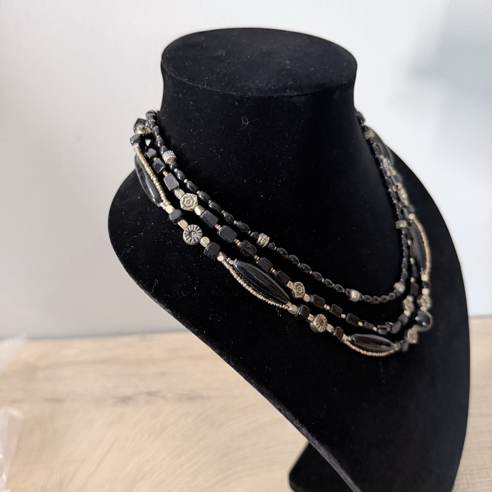 Black Gold Tone Layered Beaded Necklace Goth Boho Dark Academia Grunge Style