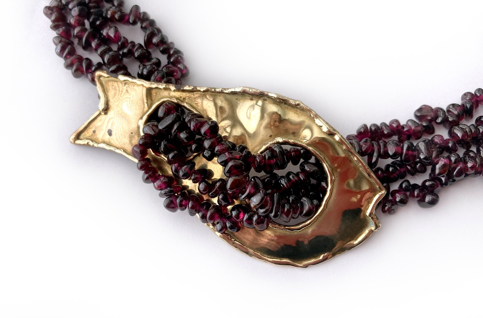 One-of-a-kind Natural Garnet Bead Necklace with Hammered Brass Fish Accent