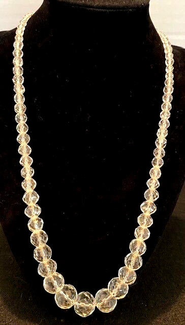 VTG Crystal Glass Faceted Graduated Bead 21″ Sterling/Blue Rhinestone Necklace