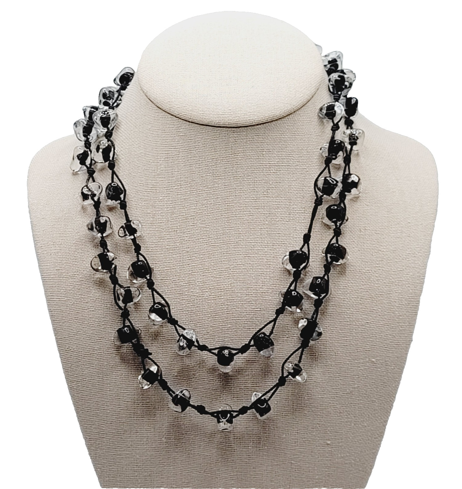 Art Glass Clear Ice Pebble Bead Hand Knot Black Thread Single Strand Necklace