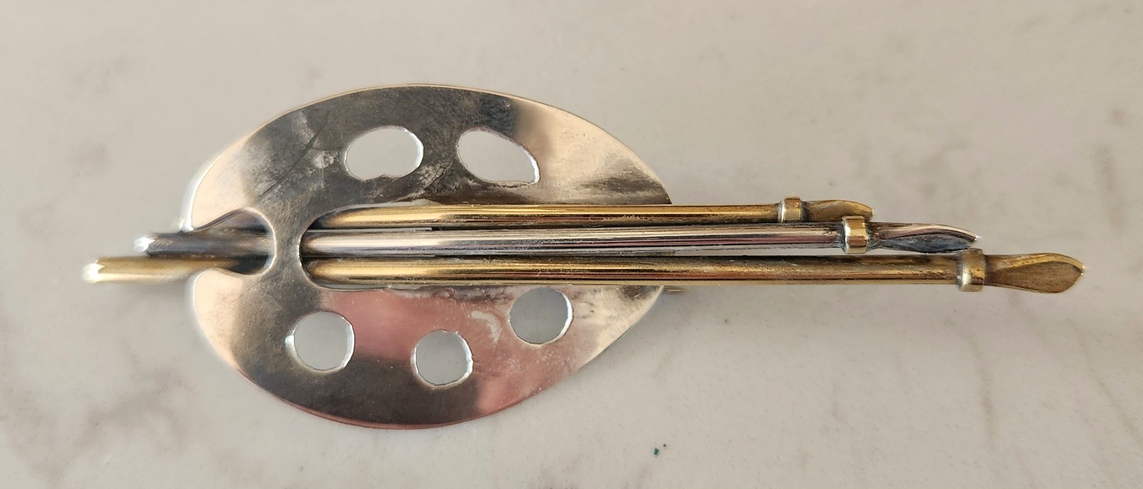 Taxco Sterling Silver Artist’s Palette with Brass & Silver Brushes Vintage