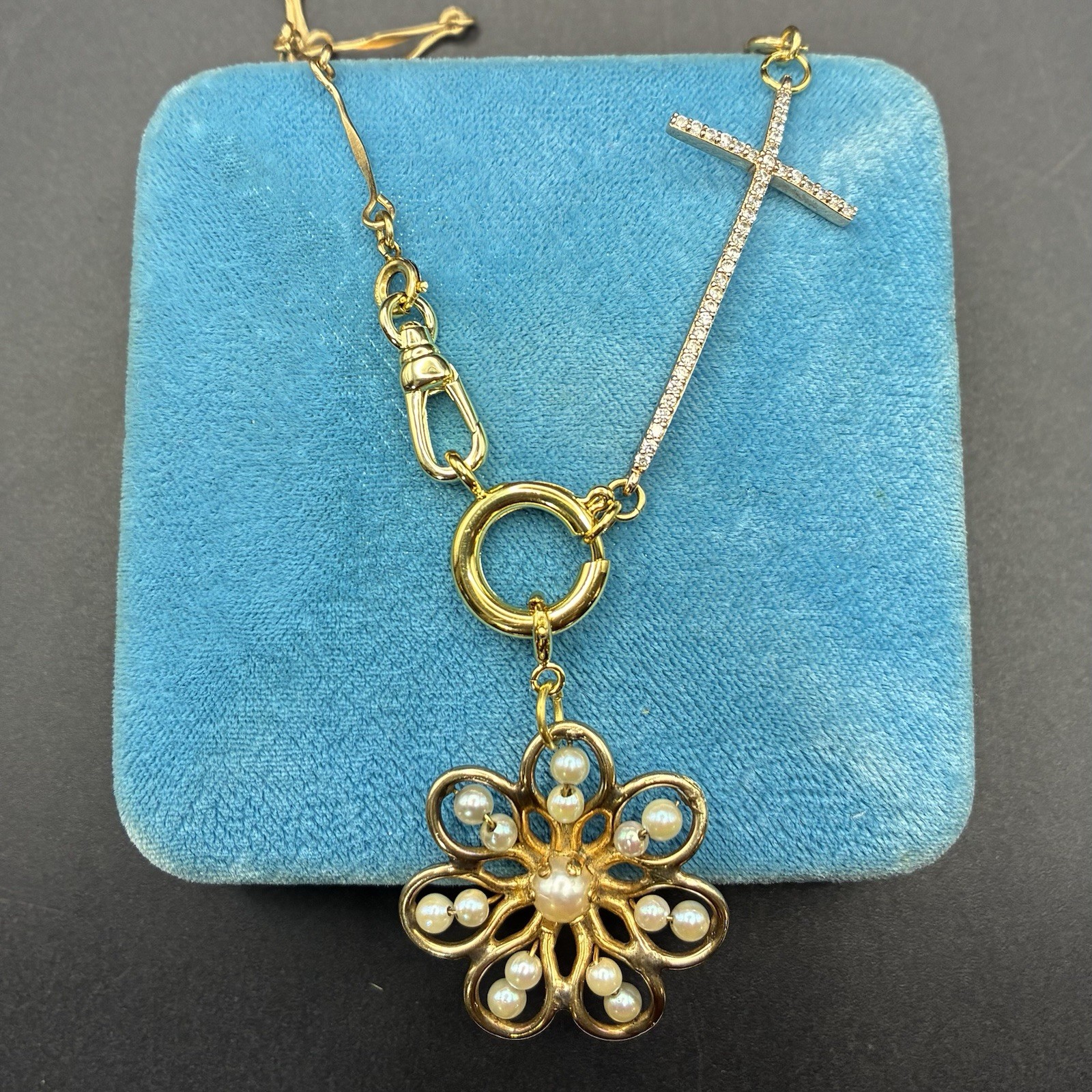 Vintage 12k Gold Filled Pocket Watch Chain FOB, Dog Clip, Cross & Pearl Charms