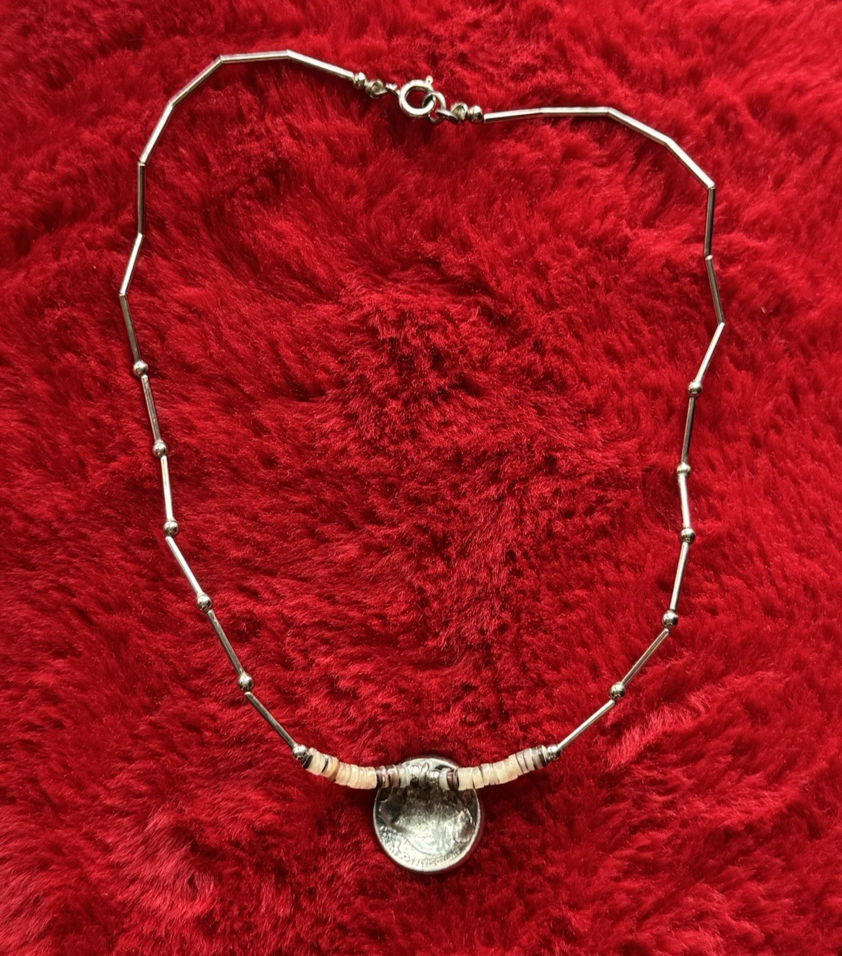 Vintage Buffalo Nickel Necklace Silver Tone Stone Accent 1936 Indian Head Coin