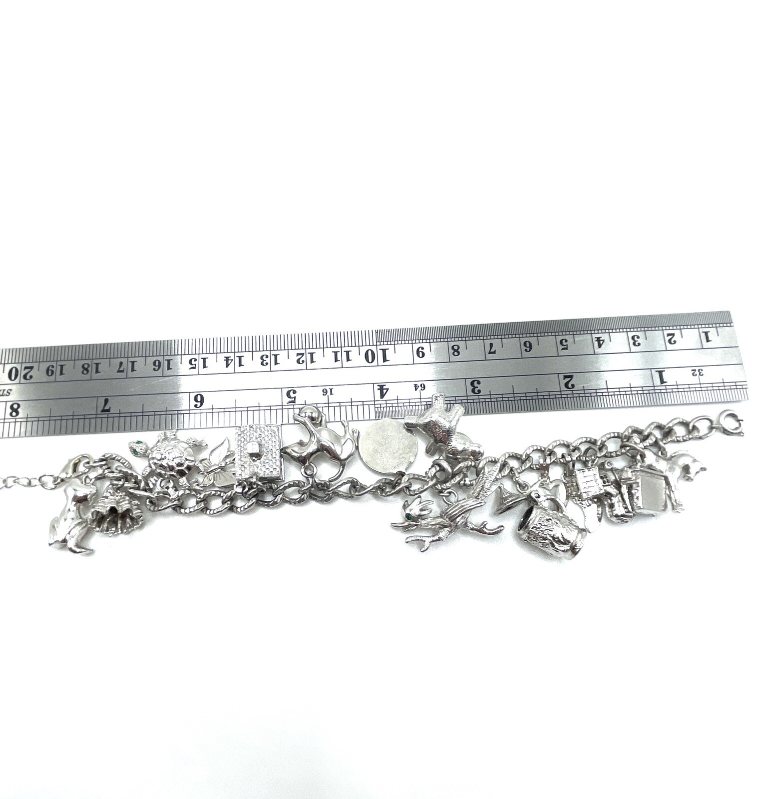 Monet Sterling Silver Articulated Figural Crystal Charm Bracelet 61.5g Vintage