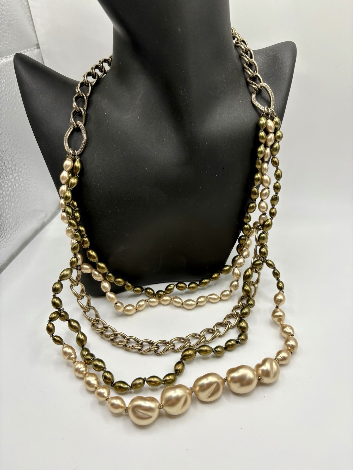 Monet Gunmetal Layered Green Pink Faux Pearl Chain Necklace Toggle Clasp