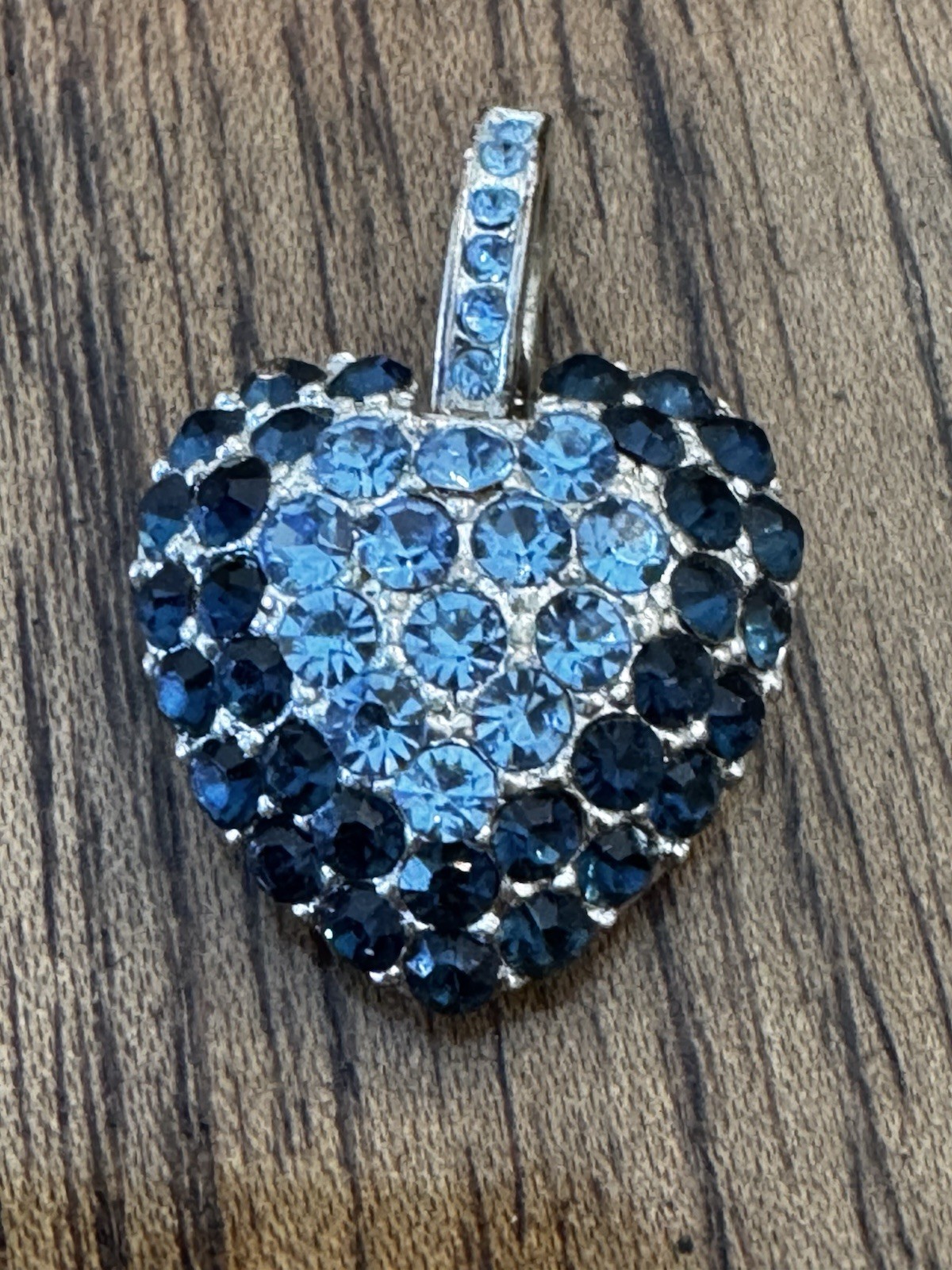 Vintage Blue Ombre Crystal Puff Heart Pendant Silver Tone Rhinestone 1″