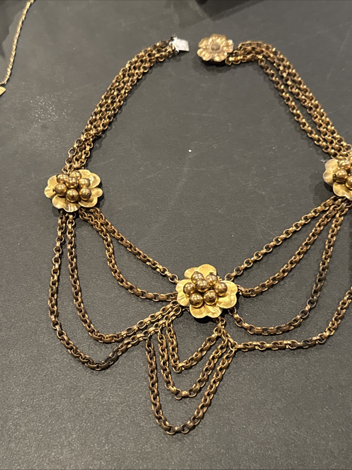 ANTIQUE VINTAGE FESTOON NECKLACE GOLDWASH BRASS FILIGREE ROSETTES DANGLES