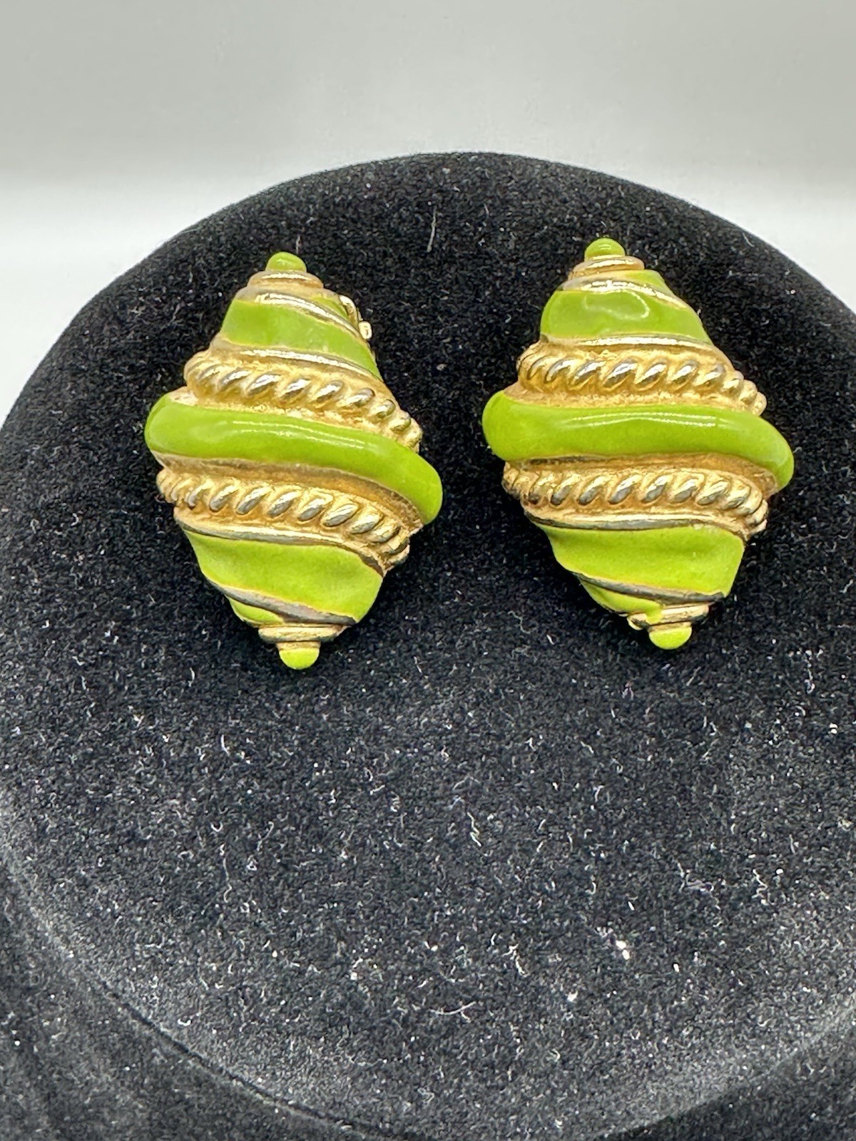 GAY BOYER Clip On Earrings Shell Goldtone Green Enamel Vintage