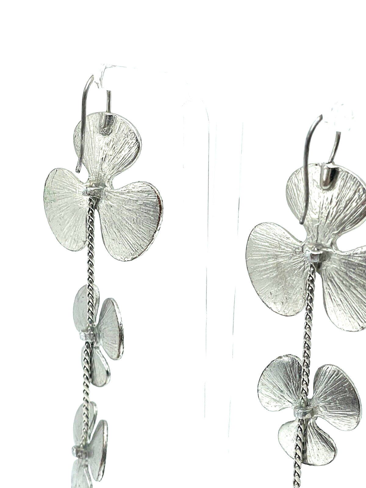 Modernist Brushed Silver Poppy Flower Illusion Dangle Earrings Statement