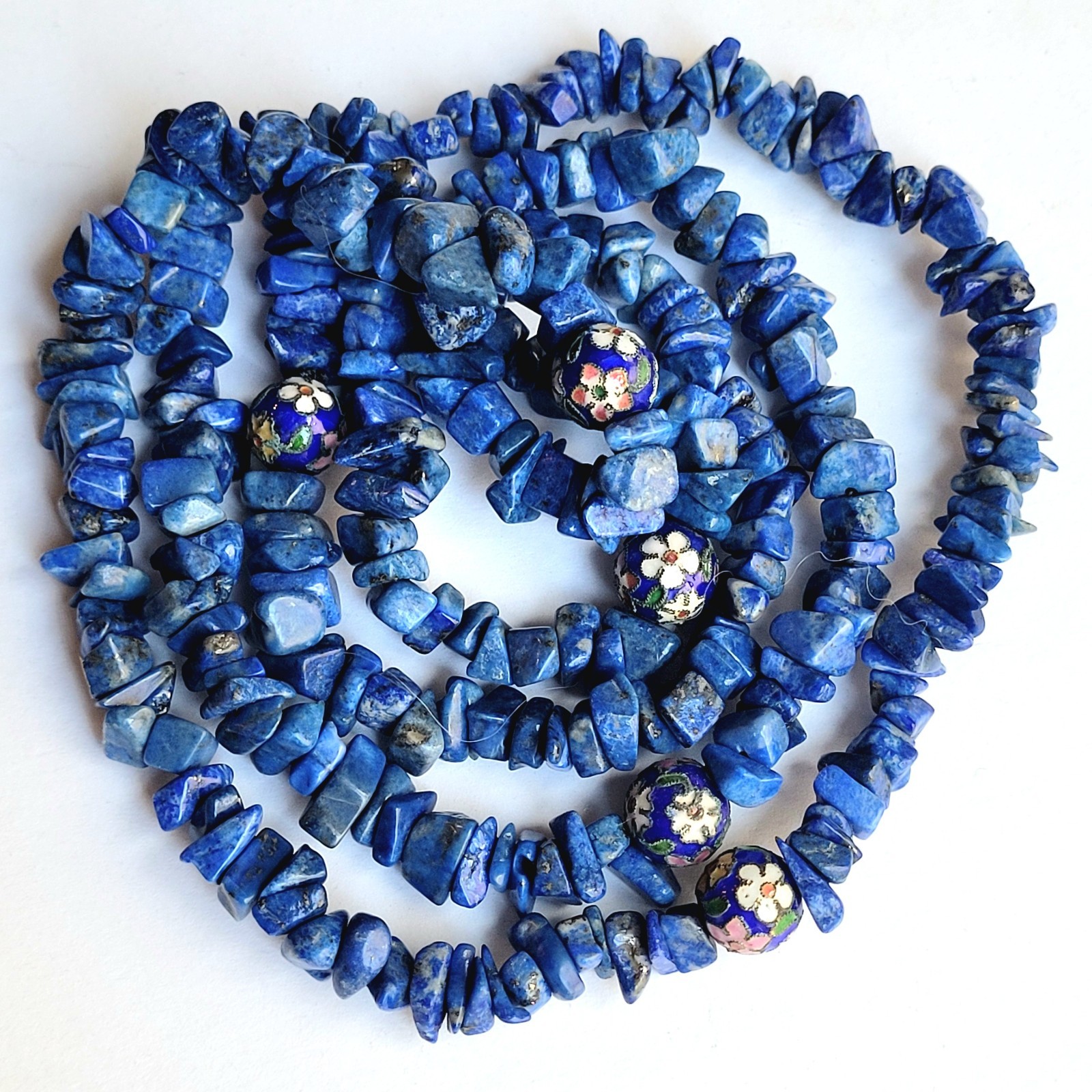 VTG Blue Lapis Sodalite Chip Cloisonne Enamel Beads Flower Necklace 34″ No Clasp