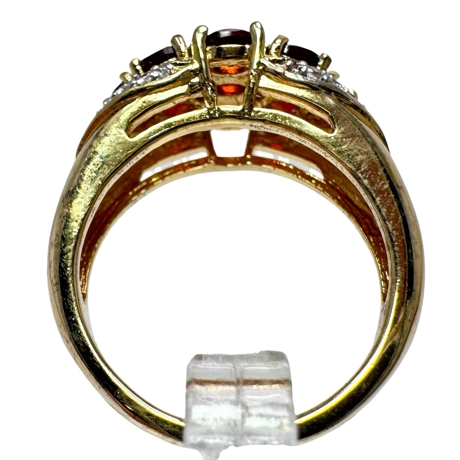 Vintage Gold Tone Red Garnet Cluster Ring Clear Rhinestone Accents 7.5