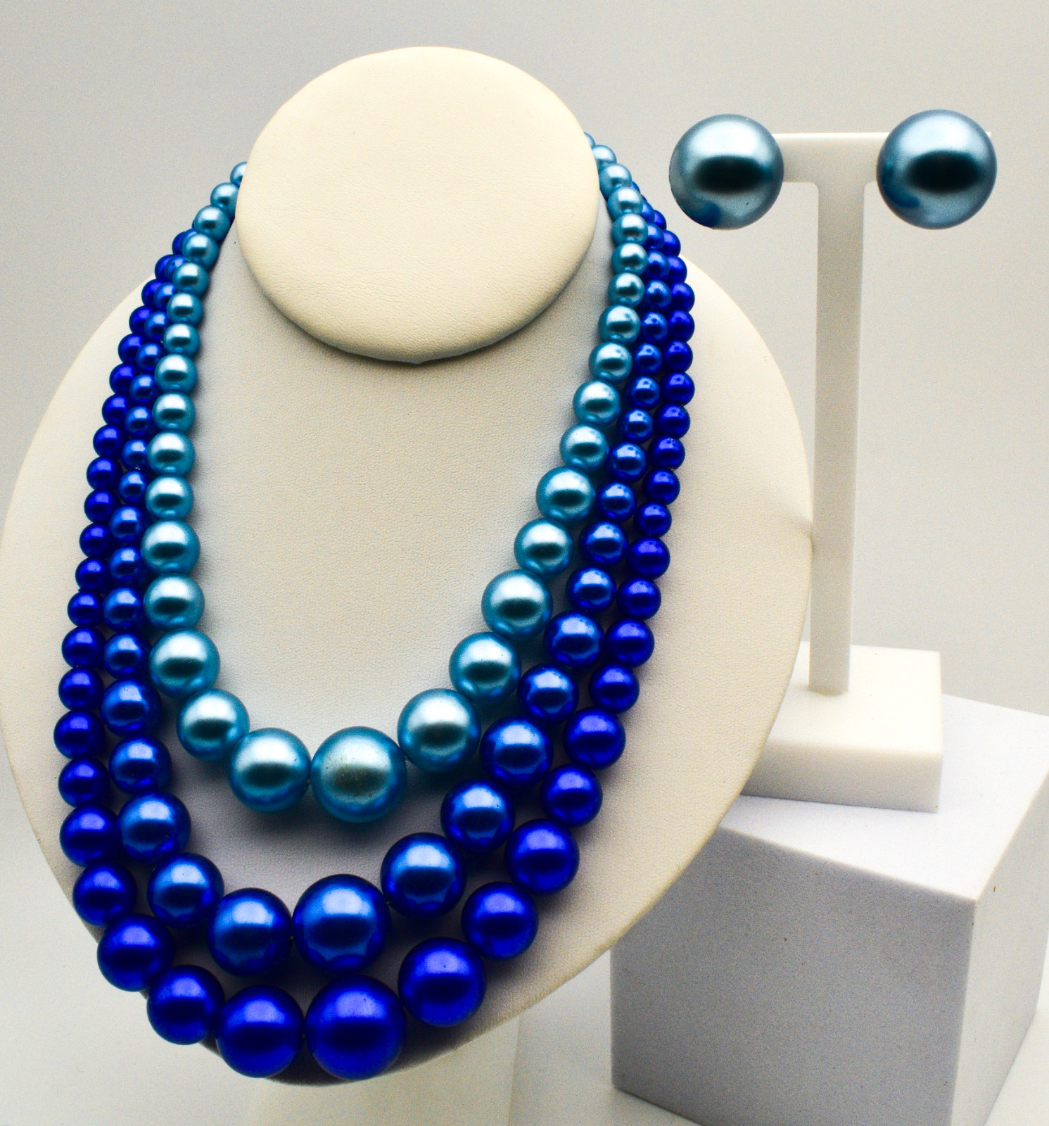Blue 3 Strand Graduated Faux Pearl Necklace And Clip On Earrings Set Japan