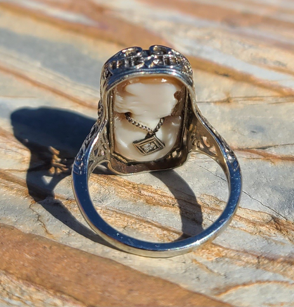 Antique 1928 Art Deco 14K White Gold Diamond Black Onyx Shell Cameo Flip Ring