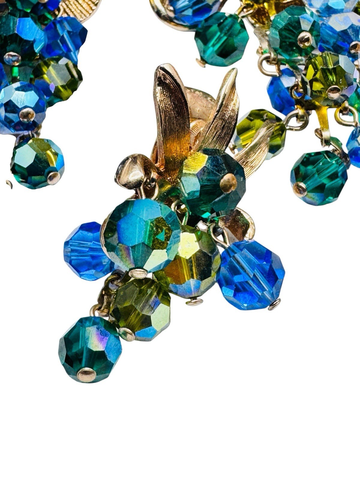 Vintage Schrager Blue Green AB Glass Dangle Bead Necklace Brooch Earrings Set