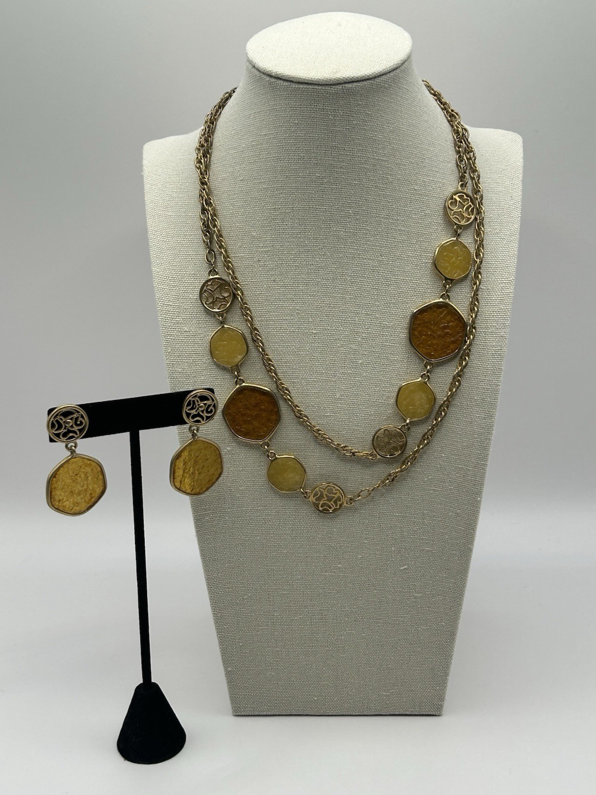 SARAH COVENTRY Necklace & Earrings Taste Of Honey Amber Discs Gold Tone Vintage