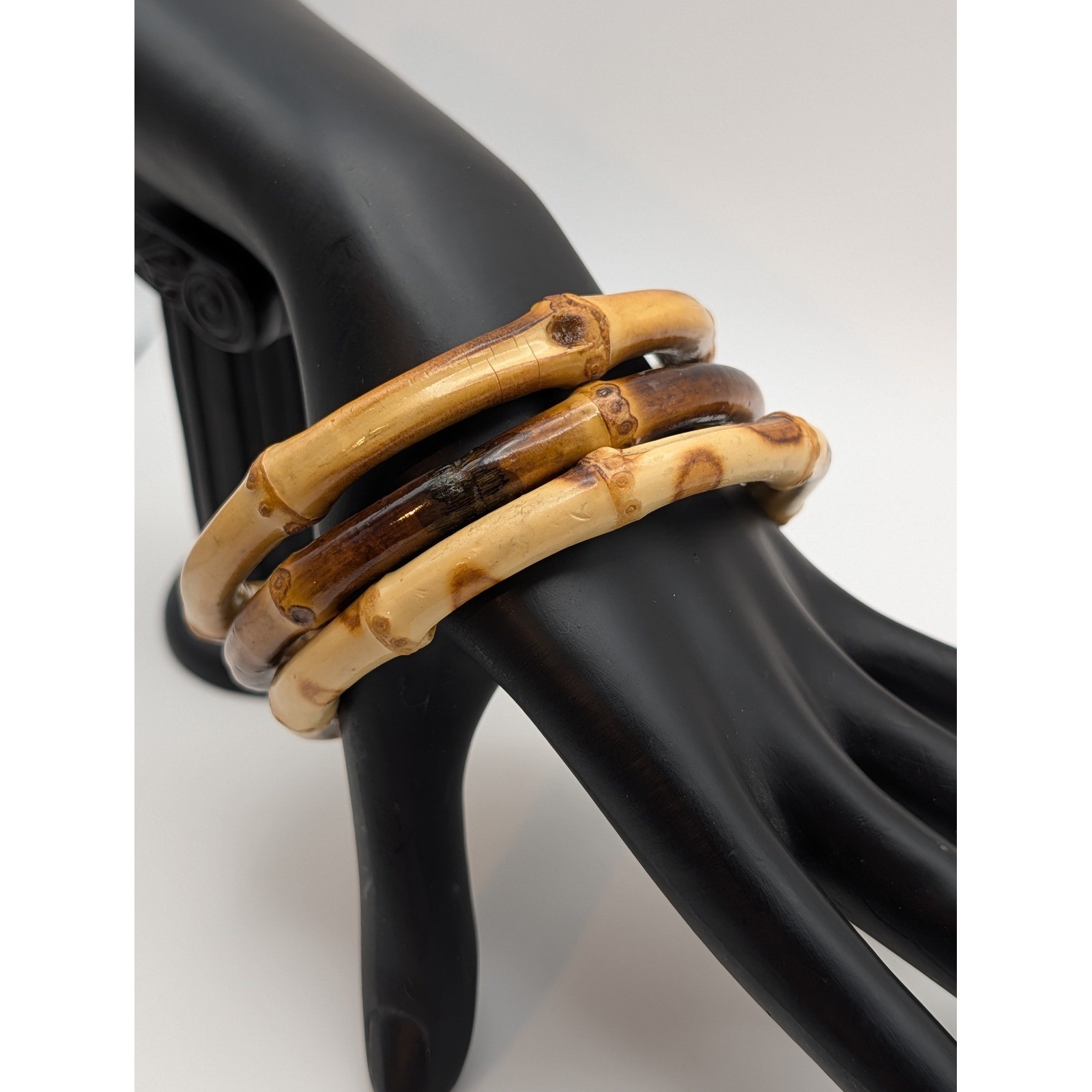 Vintage Faux Bamboo Bangle Bracelet Lot 3 Resin Acrylic Stackable Brown Beige