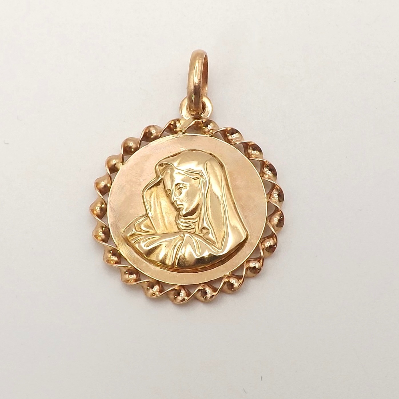 Solid 18k Rose Gold Mother Sorrows Madonna Medal Charm Pendant Rope Frame Italy